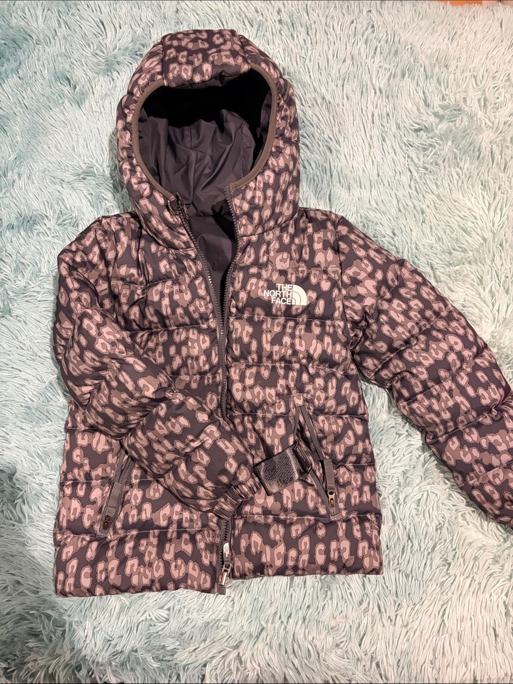 The North Face Reversible Gray Leopard Print Hooded Puffer Jacket